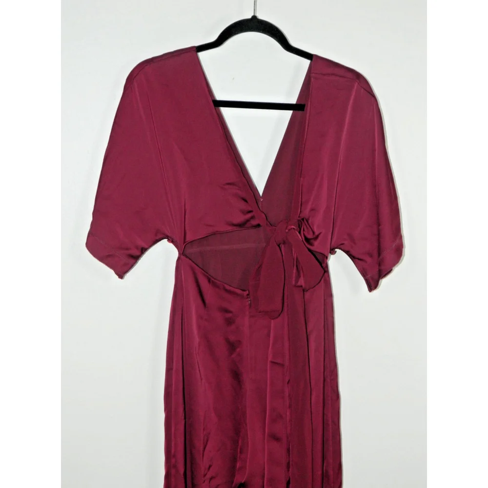 NICHOLAS Jumpsuit Size‎ 2 Burgundy Satin Wrap V-Neck Tie Front Open Back